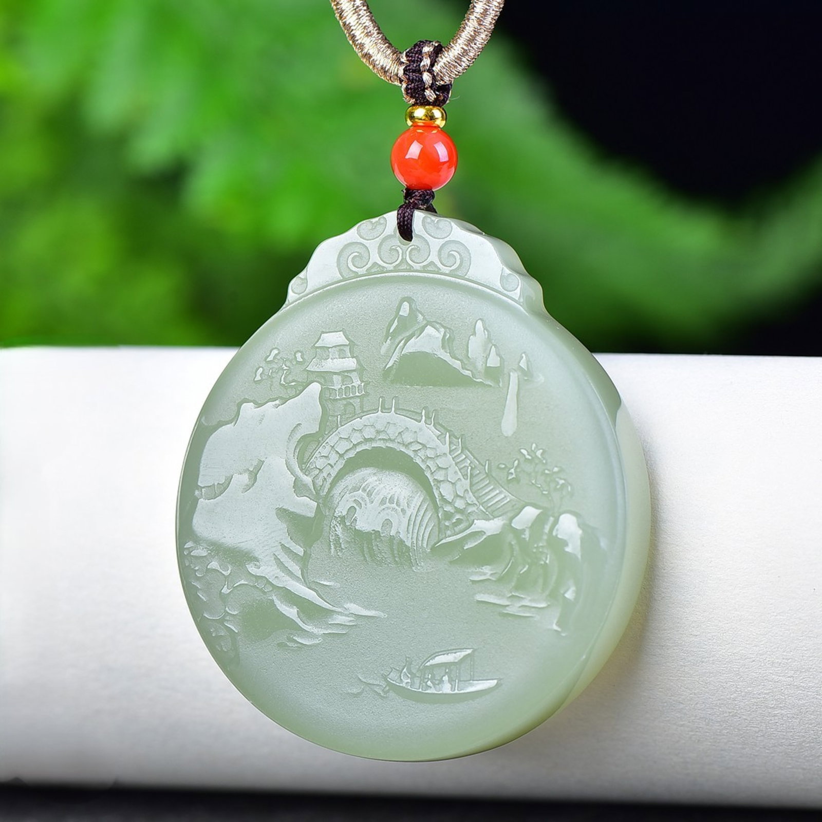 An Exquisite Greenish Jade Landscape Pattern Pendant: An Exquisite Greenish Jade Landscape Pattern Pendant,Size: 2inx2in 青玉山水纹挂件