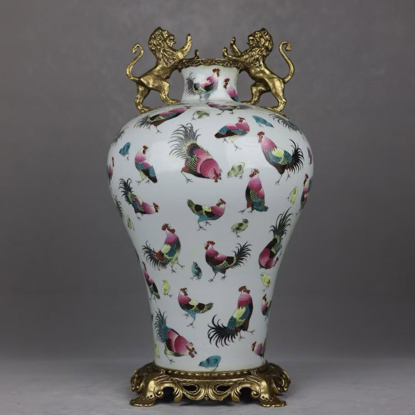 A Huge Famille-Rose Inlaid Bronze Rooster Pattern Lion-Ears Vase: A Huge Famille-Rose Inlaid Bronze Rooster Pattern Lion-Ears Vase,Qing Dynasty,China,Qianlong Four-character Mark,Size:18.9inx9.4in