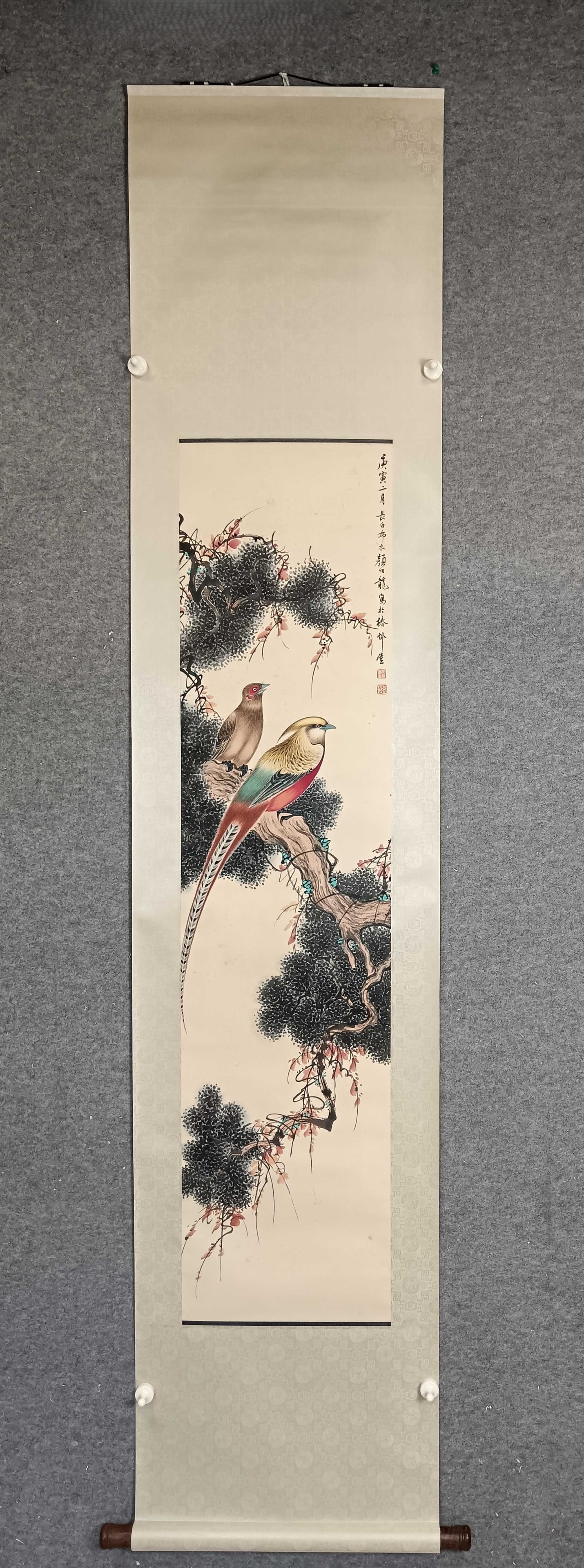 A Chinese Vertical Scroll Ink Painting of Flower and Bird on Paper: A Chinese Vertical Scroll Ink Painting of Flower and Bird on Paper,Yan Bailong,Size:12.6inx53.9in