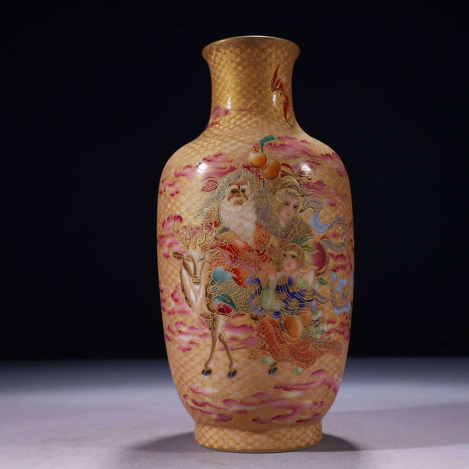An Exquisite Yellow Ground Famille-Rose Painted Gold Character and Story Pattern Vase: An Exquisite Yellow Ground Famille-Rose Painted Gold Character and Story Pattern Vase,Qing Dynasty,China,Qianlong Six-character Mark,Size:4.3inx10.2in,Weight:1050g
