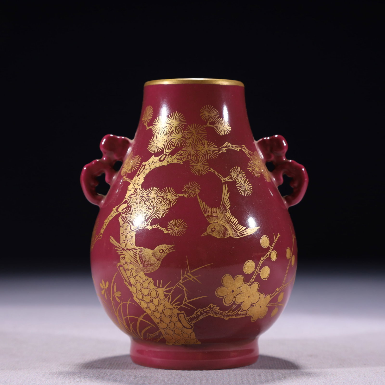 An Exquisite Purple Glazed Painted Gold Flower and Bird Pattern Double-Ears Vase,with poem: An Exquisite Purple Glazed Painted Gold Flower and Bird Pattern Double-Ears Vase,with poem,Qing Dynasty,China,Qianlong Four-character Mark,Size:3.5inx4.7in,Weight:200g