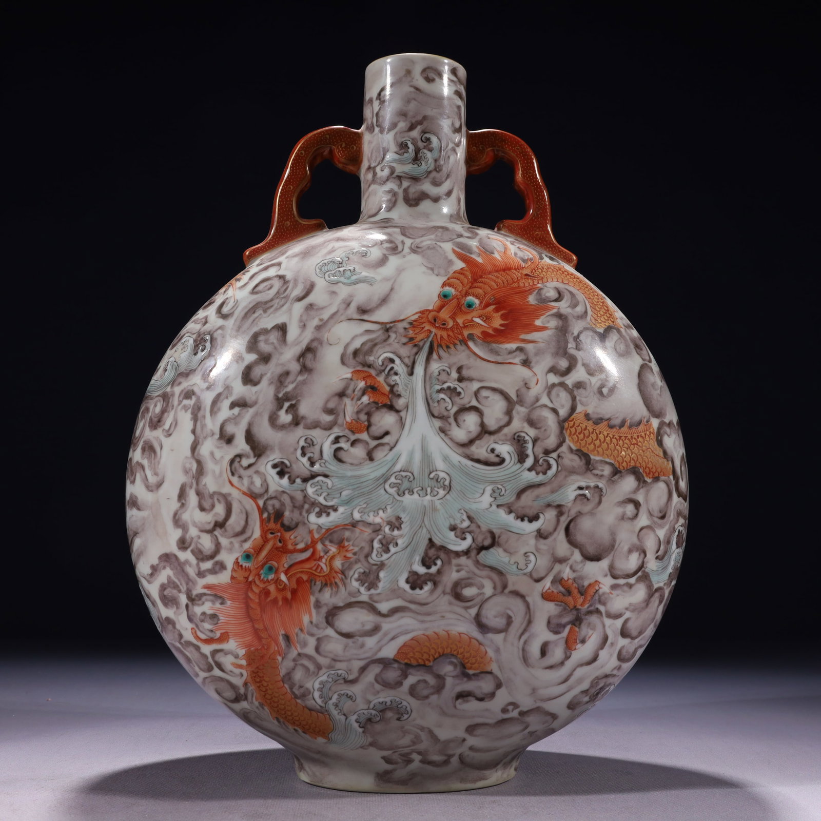An Exquisite Ink Color Painted Gold Auspicious Cloud and Dragon Pattern Double-Ears Vase: An Exquisite Ink Color Painted Gold Auspicious Cloud and Dragon Pattern Double-Ears Vase,Qing Dynasty,China,Qianlong Six-character Mark,Size:9.4inx4.7inx13in,Weight:2900g 墨彩描ŵ