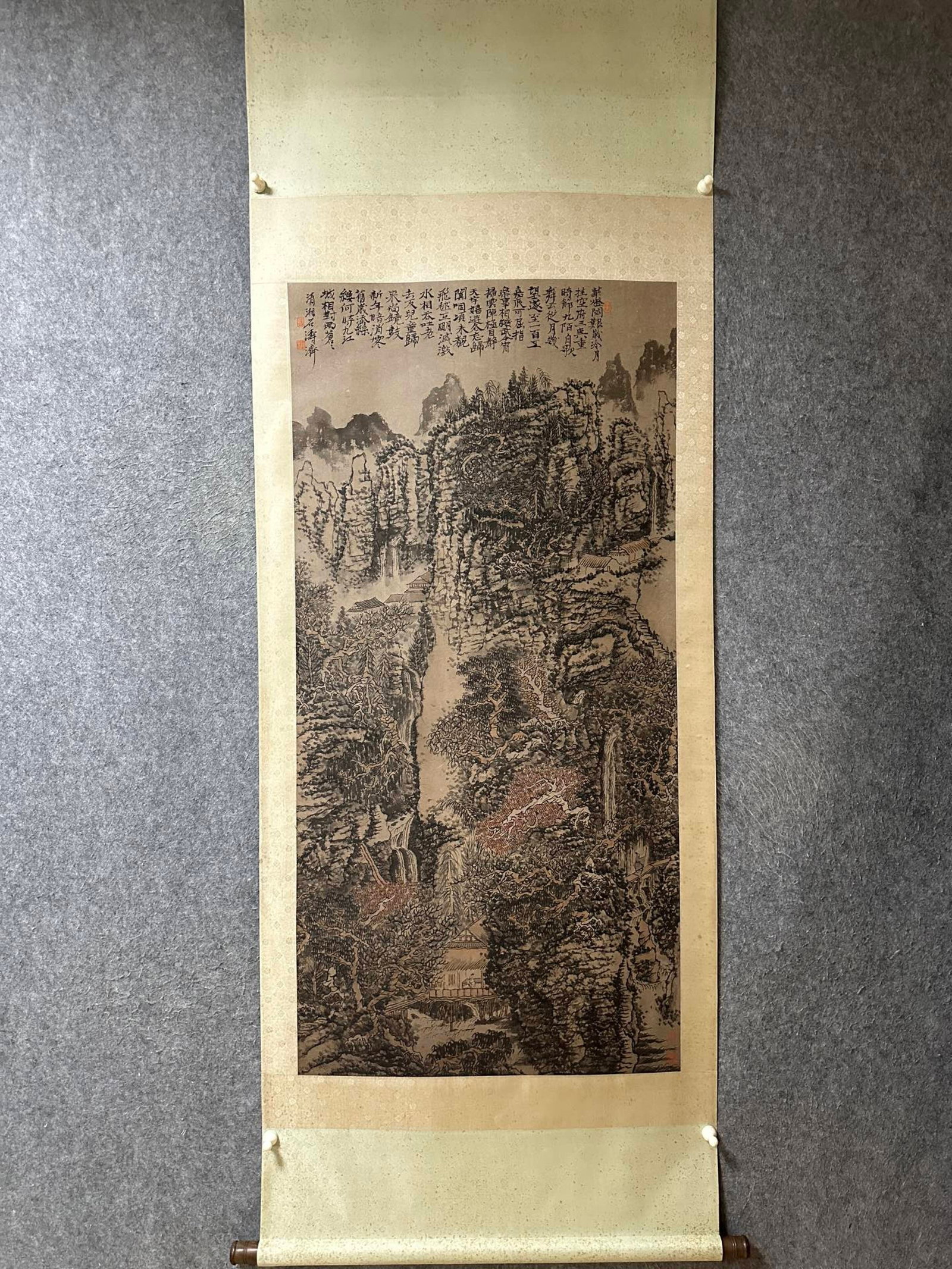 A Chinese Vertical Scroll Ink Painting of Landscape on Paper: A Chinese Vertical Scroll Ink Painting of Landscape on Paper,Shi Tao,Size:54.7inx26.8in 一幅中国水墨山水画立轴,石涛