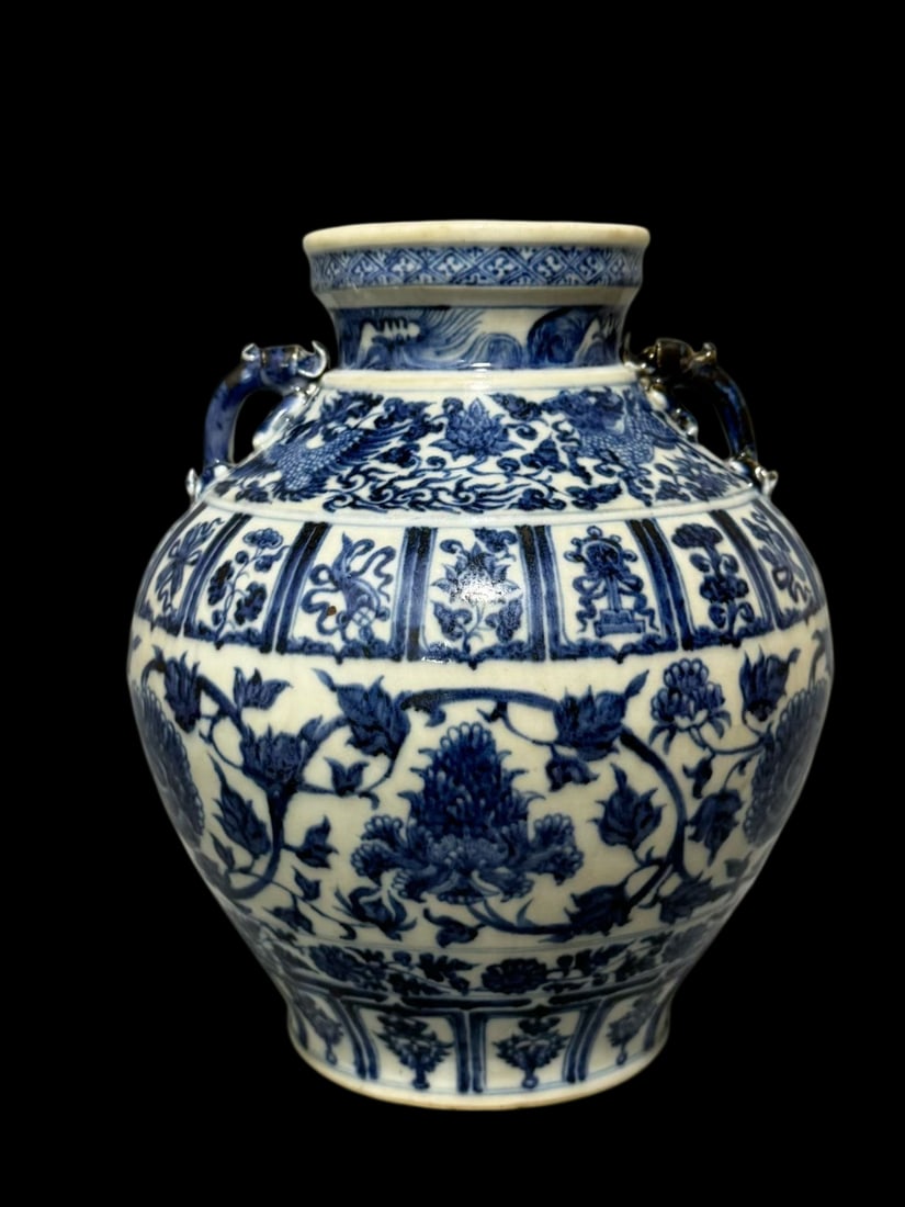 An Exquisite Blue and White Lotus,Kylin and Phoenix Pattern Double-Ears Vase: An Exquisite Blue and White Lotus,Kylin and Phoenix Pattern Double-Ears Vase,Qing Dynasty,China,Size:8.7inx6.3in