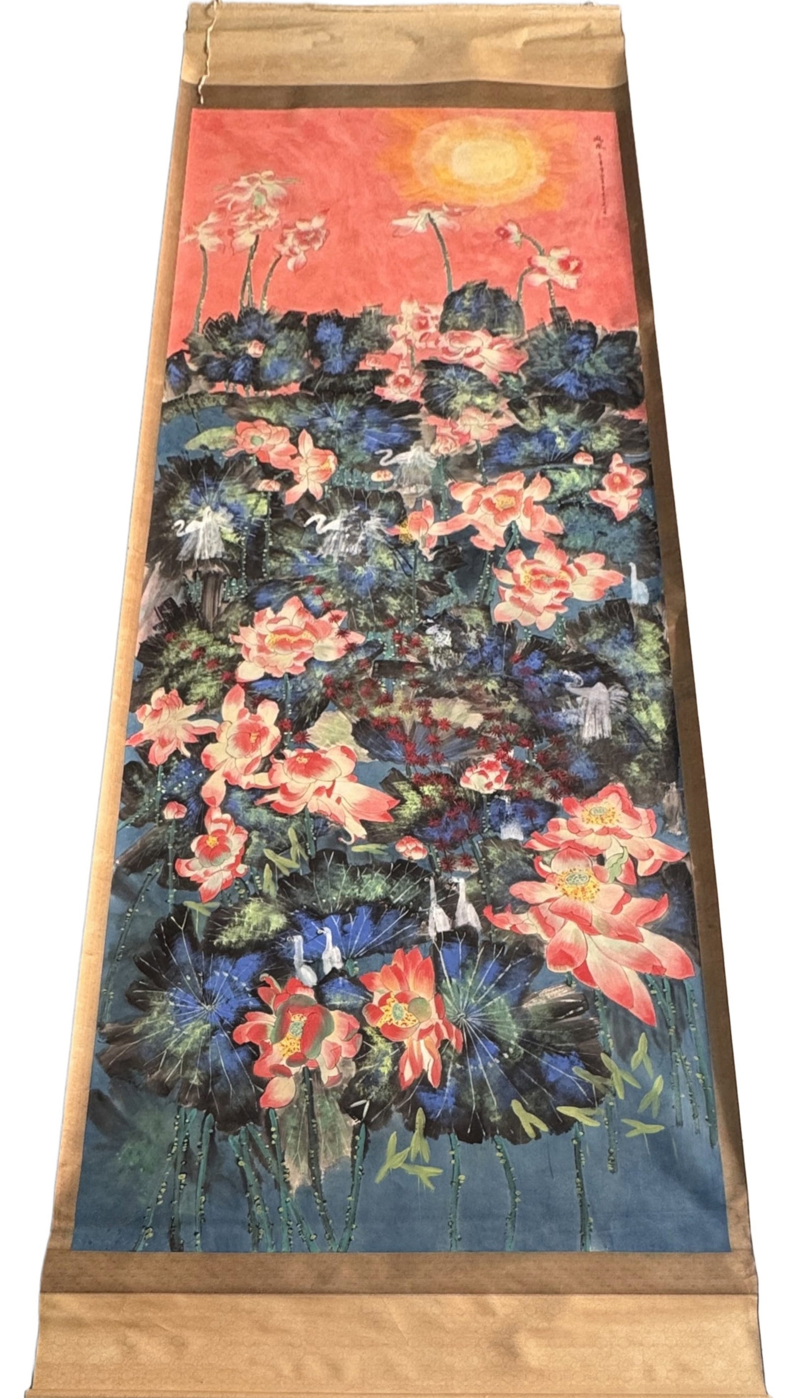 A Chinese Vertical Scroll Ink Painting of Lotus on Paper: A Chinese Vertical Scroll Ink Painting of Lotus on Paper,Huang Yongyu,Size:78.7inx196.8in