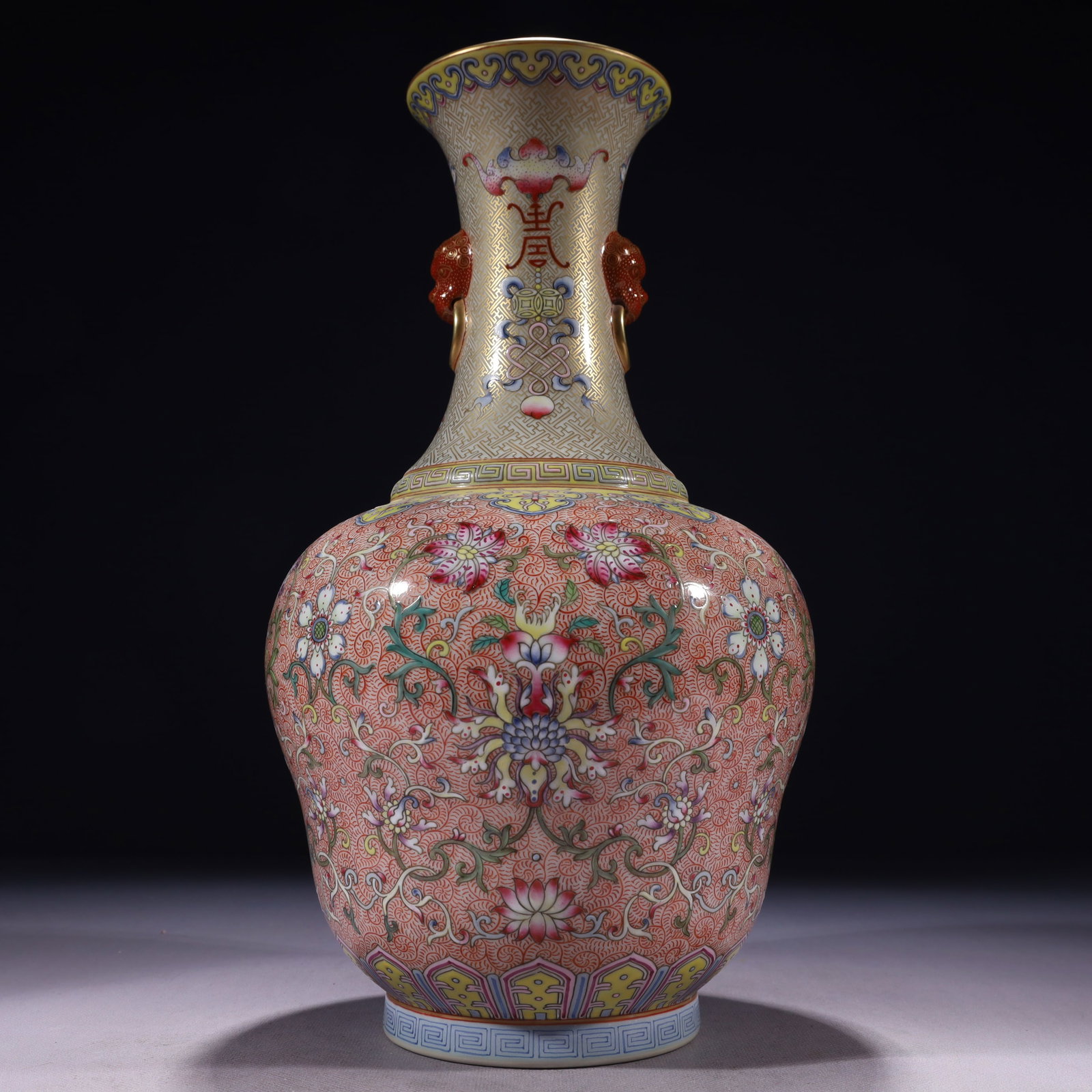 An Exquisite Enamel Painted Gold Lotus Pattern Beast-Ears Vase: An Exquisite Enamel Painted Gold Lotus Pattern Beast-Ears Vase,Qing Dynasty,China,Qianlong Six-character Mark,Size:7.1inx13.8in,Weight:2300g 珐琅彩描金缠枝