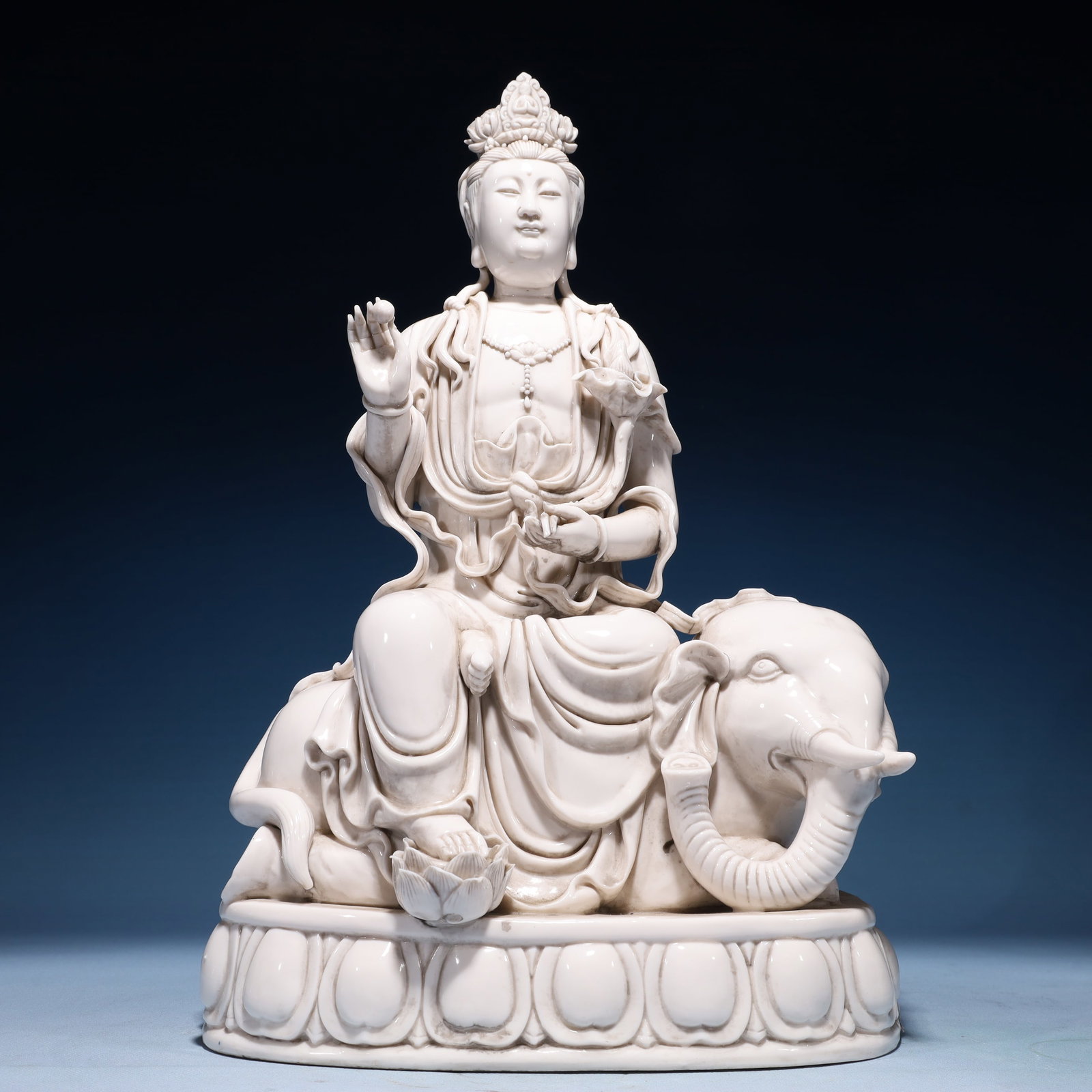 A Solemn Blance-De-Chine Statue of Samantabhadra: A Solemn Blance-De-Chine Statue of Samantabhadra Blance-De-Chine Statue of Samantabhadra,Ming Dynasty,China,He Chaozong Mark,Size:11.4inx8.3inx16.9in,Weight:6600g