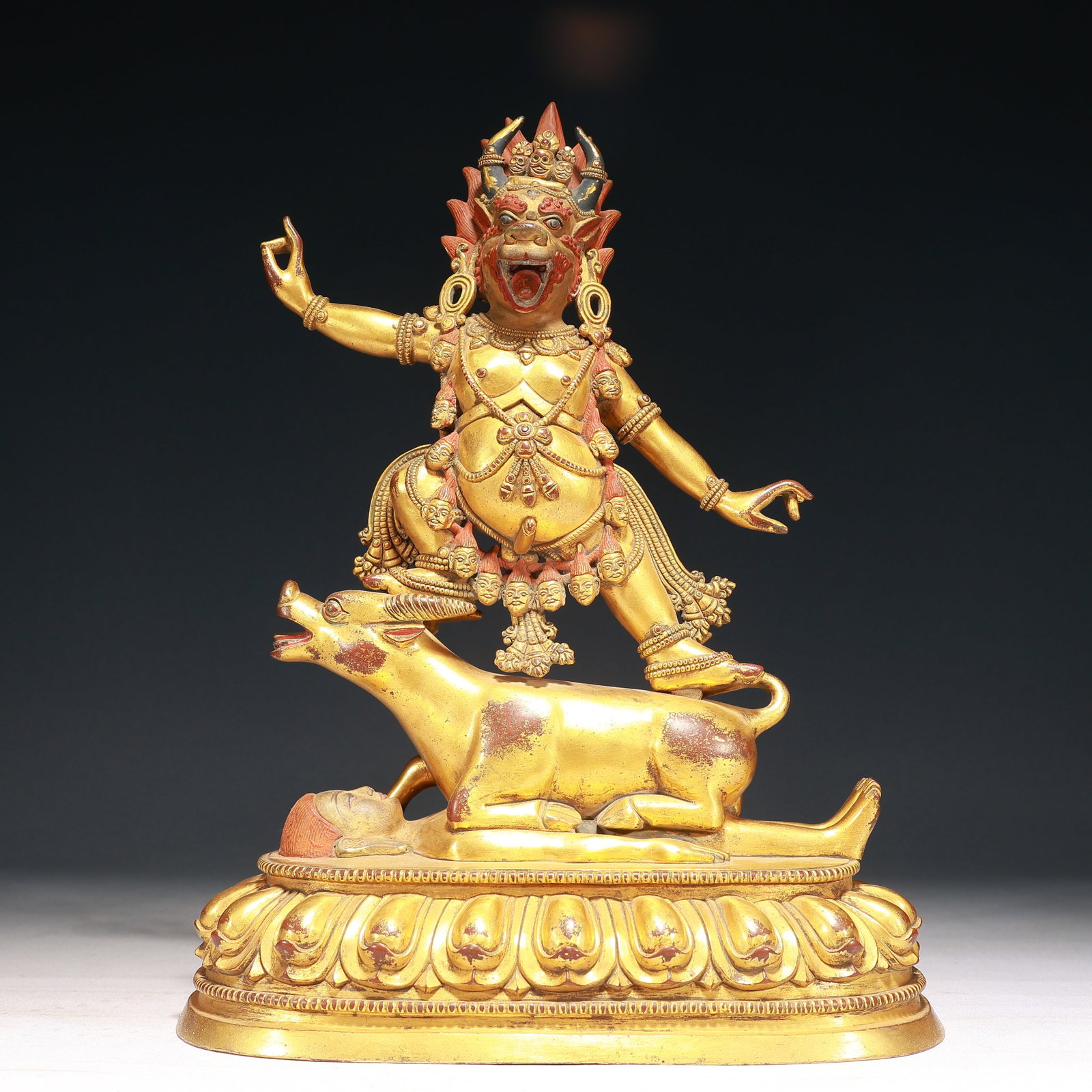A Solemn Gilt Bronze Statue of Yamantaka,With Inscription: A Solemn Gilt Bronze Statue of Yamantaka,With Inscription,Qing Dynasty,China,Size:11inx5.9inx15in,Weight:7600g