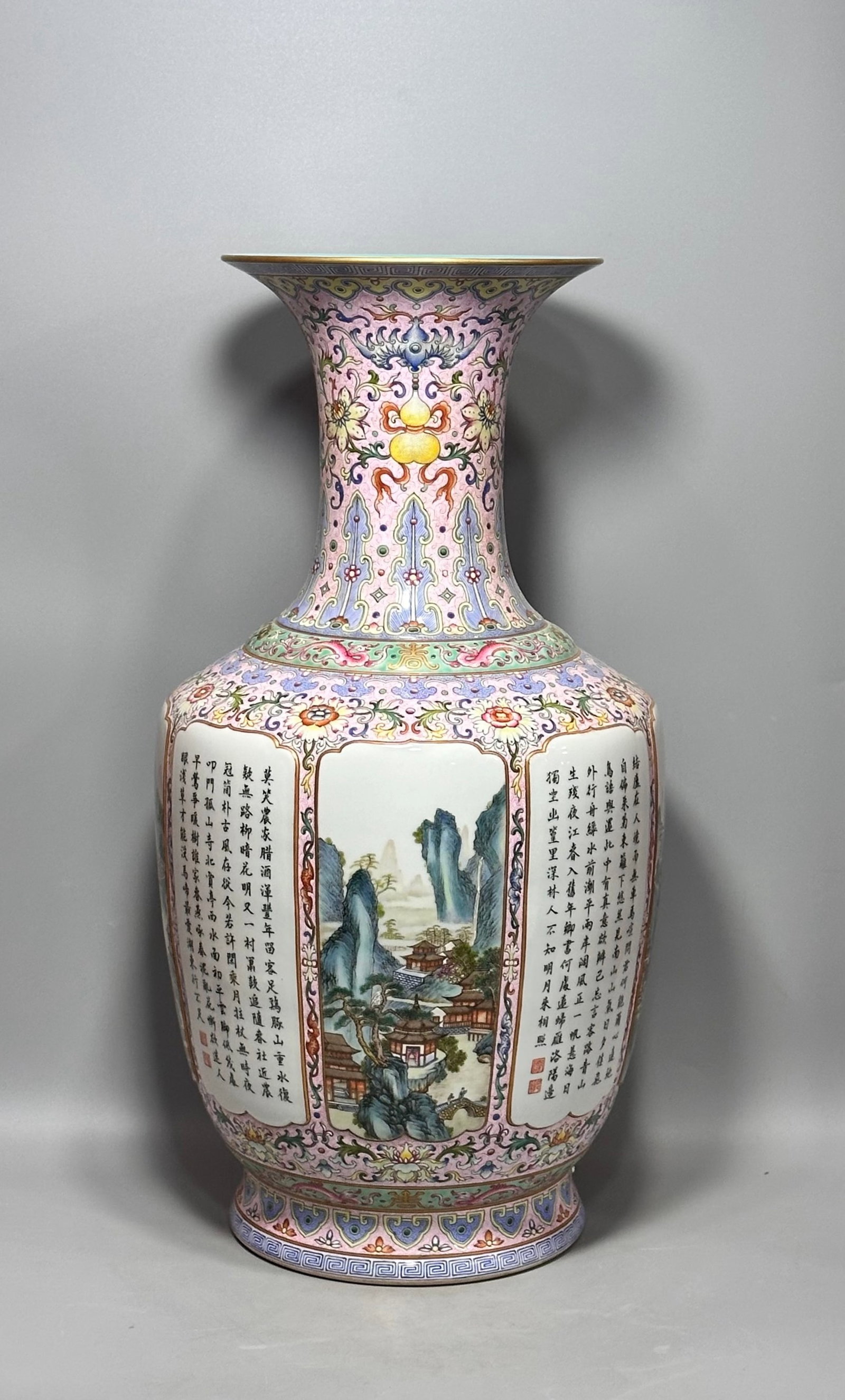 A Huge Famille-Rose Painted Gold Landscape Pattern Vase,with poem: A Huge Famille-Rose Painted Gold Landscape Pattern Vase,with poem,Qing Dynasty,China,Qianlong Six-character Mark,Size:23.1inx9.3in 粉彩描金山水纹瓶,