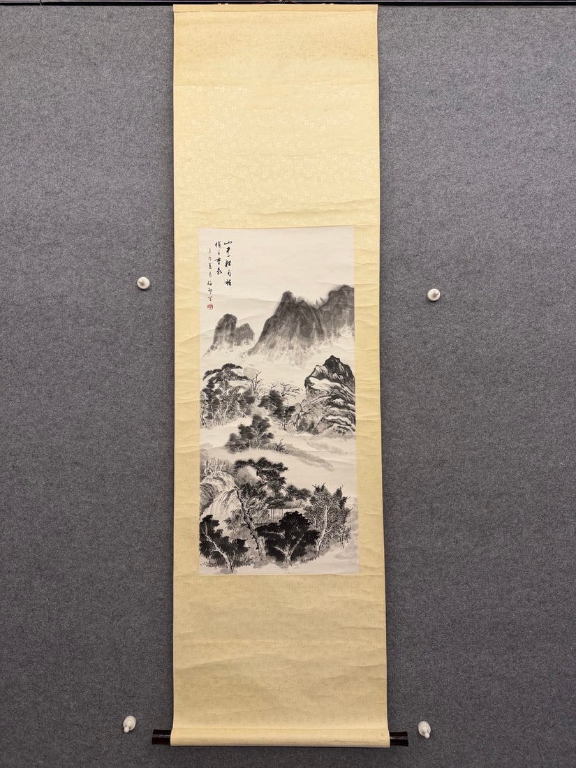 A Chinese Vertical Scroll Ink Painting of Landscape on Paper: A Chinese Vertical Scroll Ink Painting of Landscape on Paper,Zhu Meicun,Size:33.1inx15in