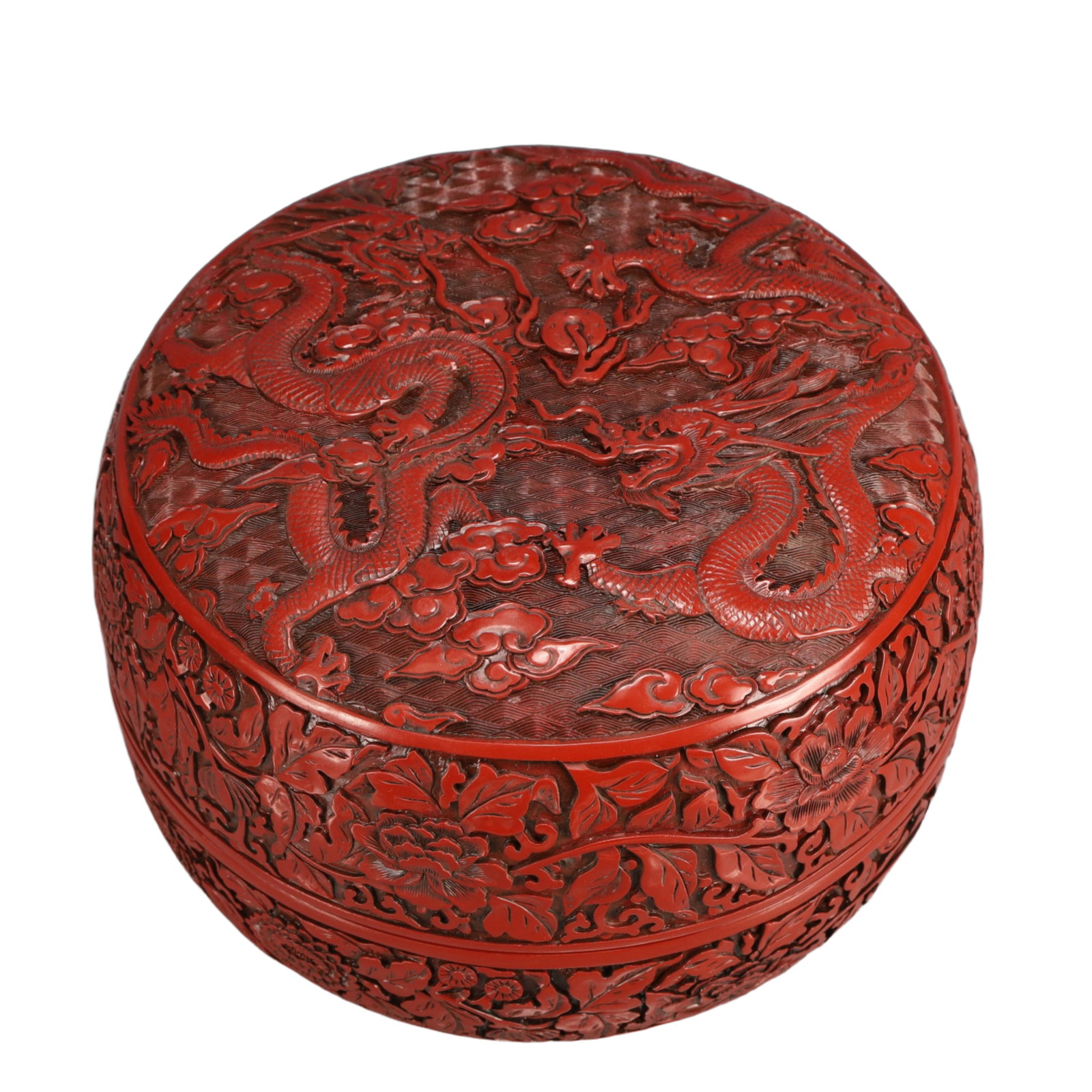An Exquisite Carved Red Lacquer Lotus and Dragon Pattern Cover Box,Qing Dynasty, China,Qianlong: An Exquisite Carved Red Lacquer Lotus and Dragon Pattern Cover Box,Qing Dynasty, China,Qianlong Six-character Mark,Size:10.2inx7.9in,Weight:2600g