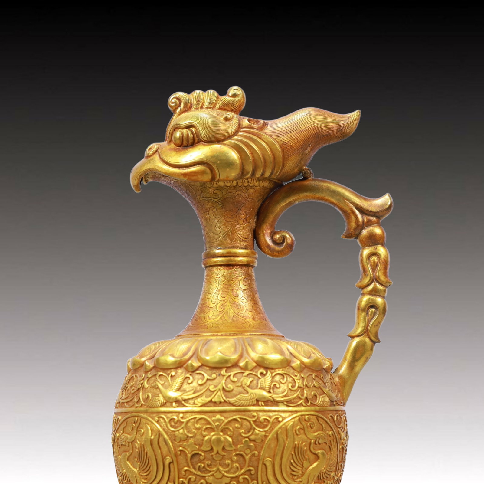 A Rare Gilt Bronze Lotus and Phoenix Pattern Ewer - 2