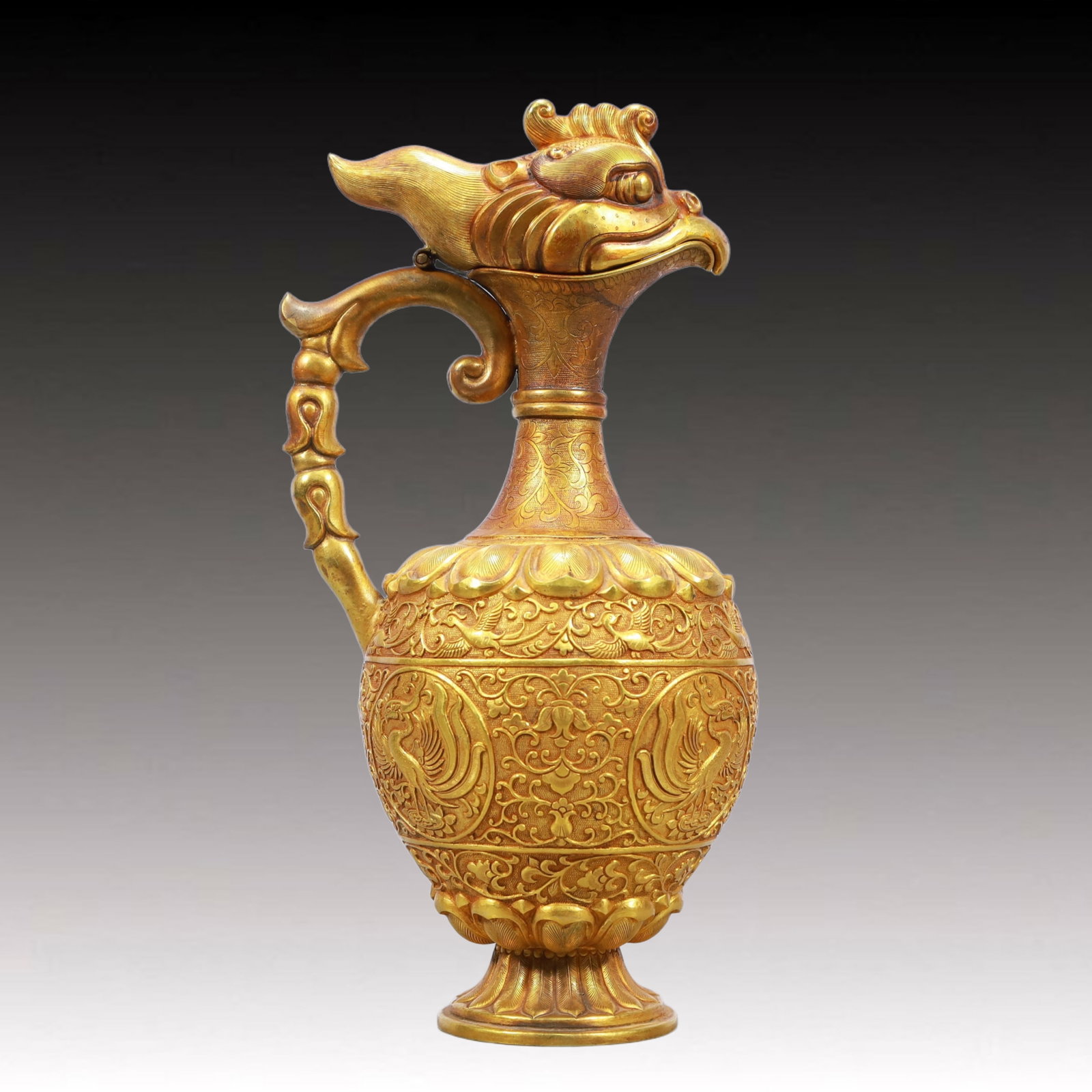 A Rare Gilt Bronze Lotus and Phoenix Pattern Ewer - 7