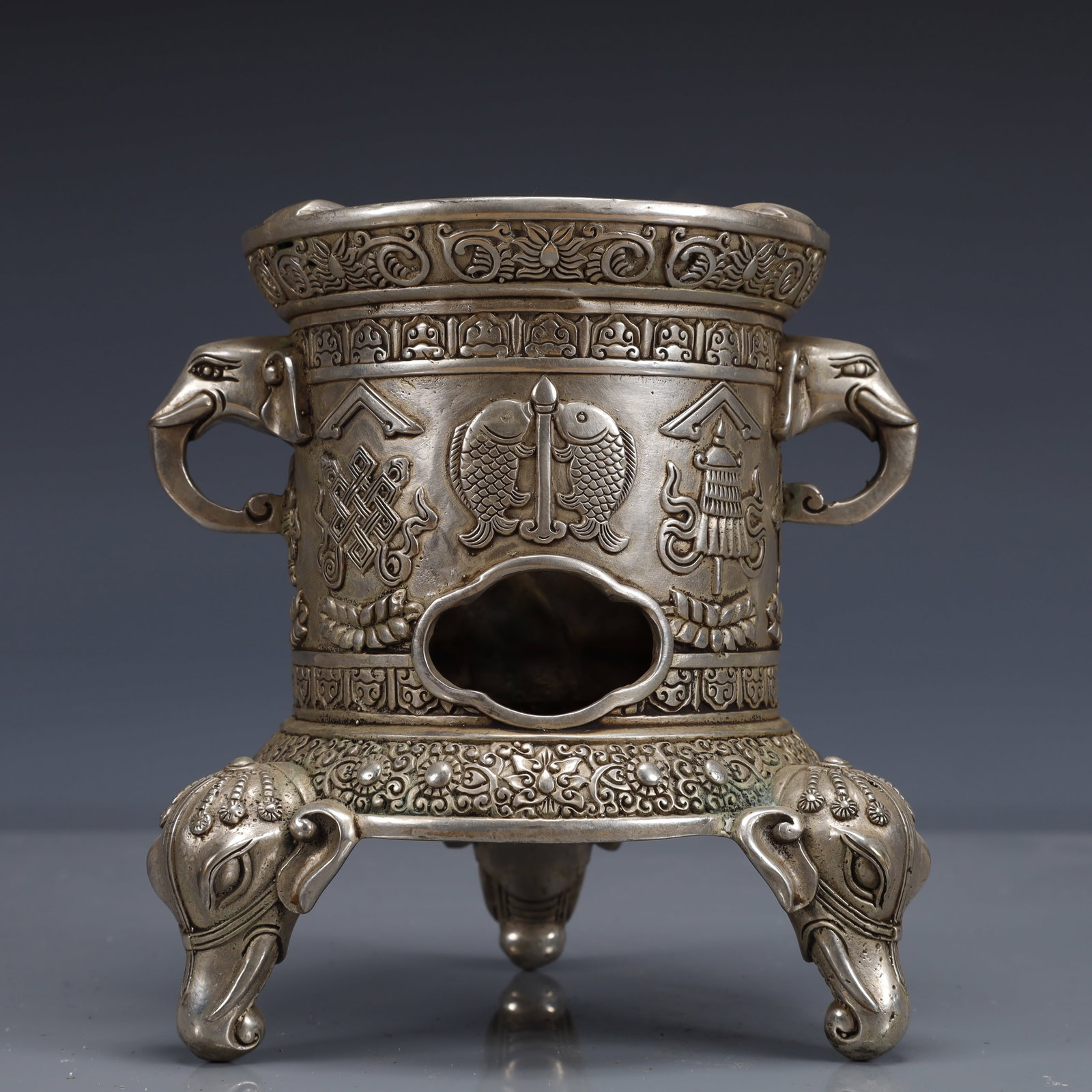 An Exquisite Silver-Plated Bronze Flower and Fish Pattern Double-Ears and Tripod Censer (1 of 11)
