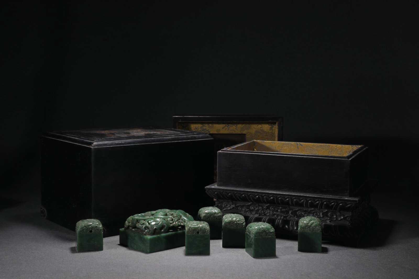 A Set of Fine Jasper Dragon Seals: A Set of Fine Jasper Dragon Seals,Qing Dynasty,China 一套碧玉龙印章,中国清代