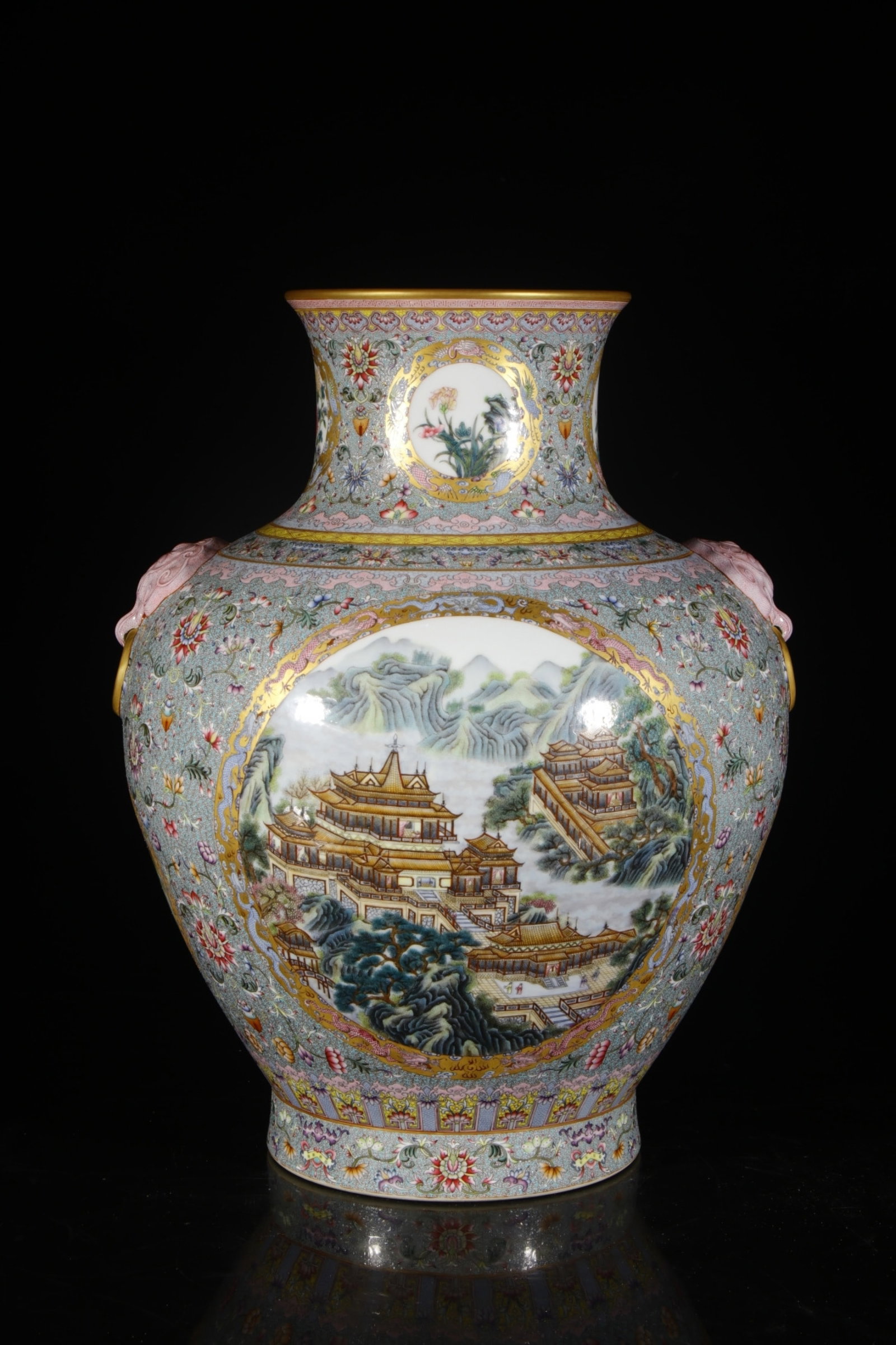 A Huge Enamel Painted Gold Landscape Pattern Beast-Ears Vase: A Huge Enamel Painted Gold Landscape Pattern Beast-Ears Vase,Qing Dynasty,China,Qianlong Six-character Mark,Size:19.7inx8.5in