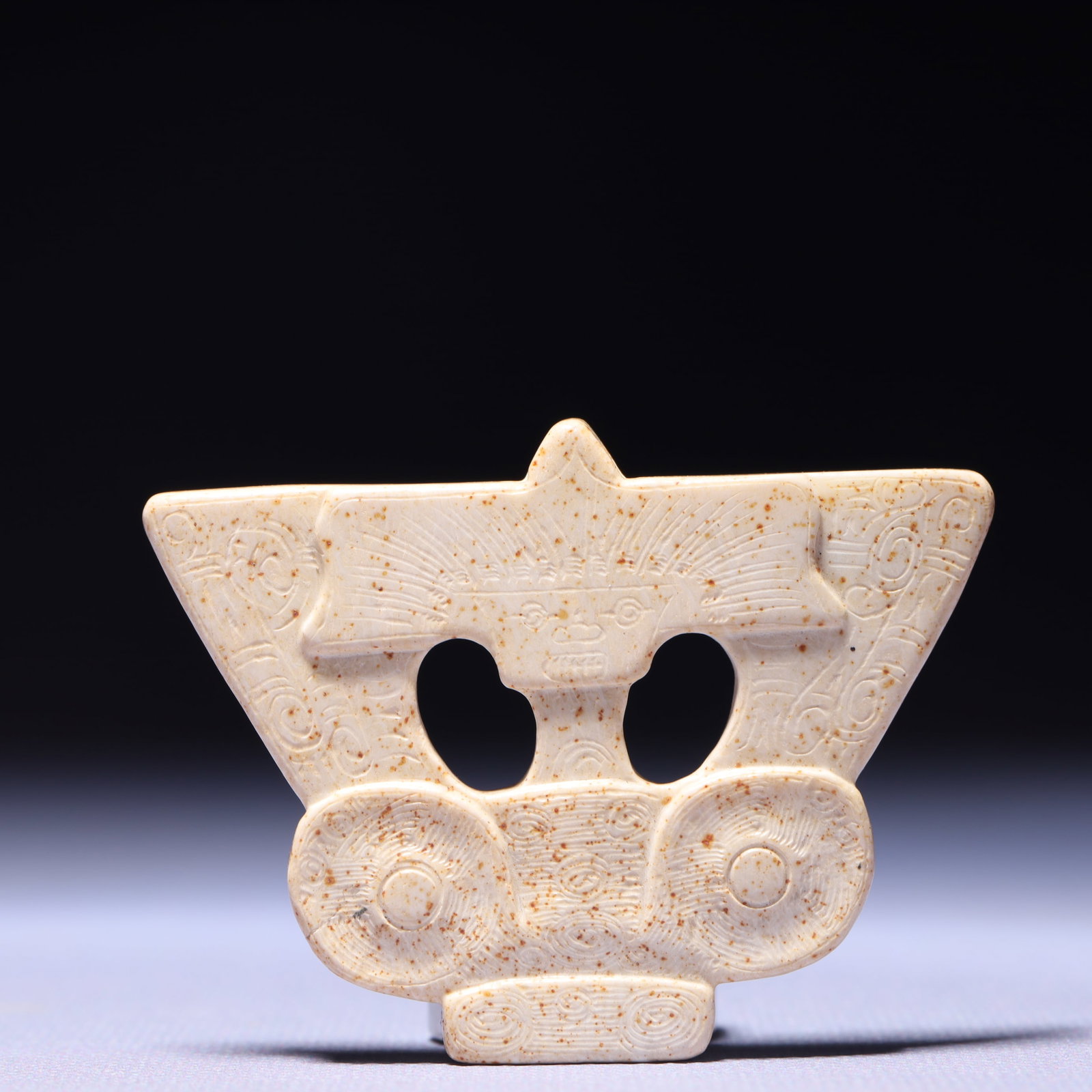 An Archaic Hongshan Culture Yellow Jade Beast-Face Pattern Ornament: An Archaic Hongshan Culture Yellow Jade Beast-Face Pattern Ornament,Ancient Time,China,Size:2.8inx0.3inx2in,Weight:41g 红山文化黄玉兽面纹摆&