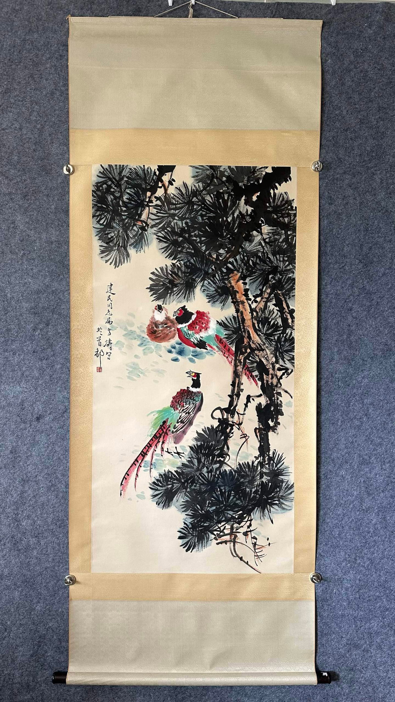 A Chinese Vertical Scroll Ink Painting of Flower and Bird on Paper: A Chinese Vertical Scroll Ink Painting of Flower and Bird on Paper,Wang Xuetao,Size:26.6inx53.1in