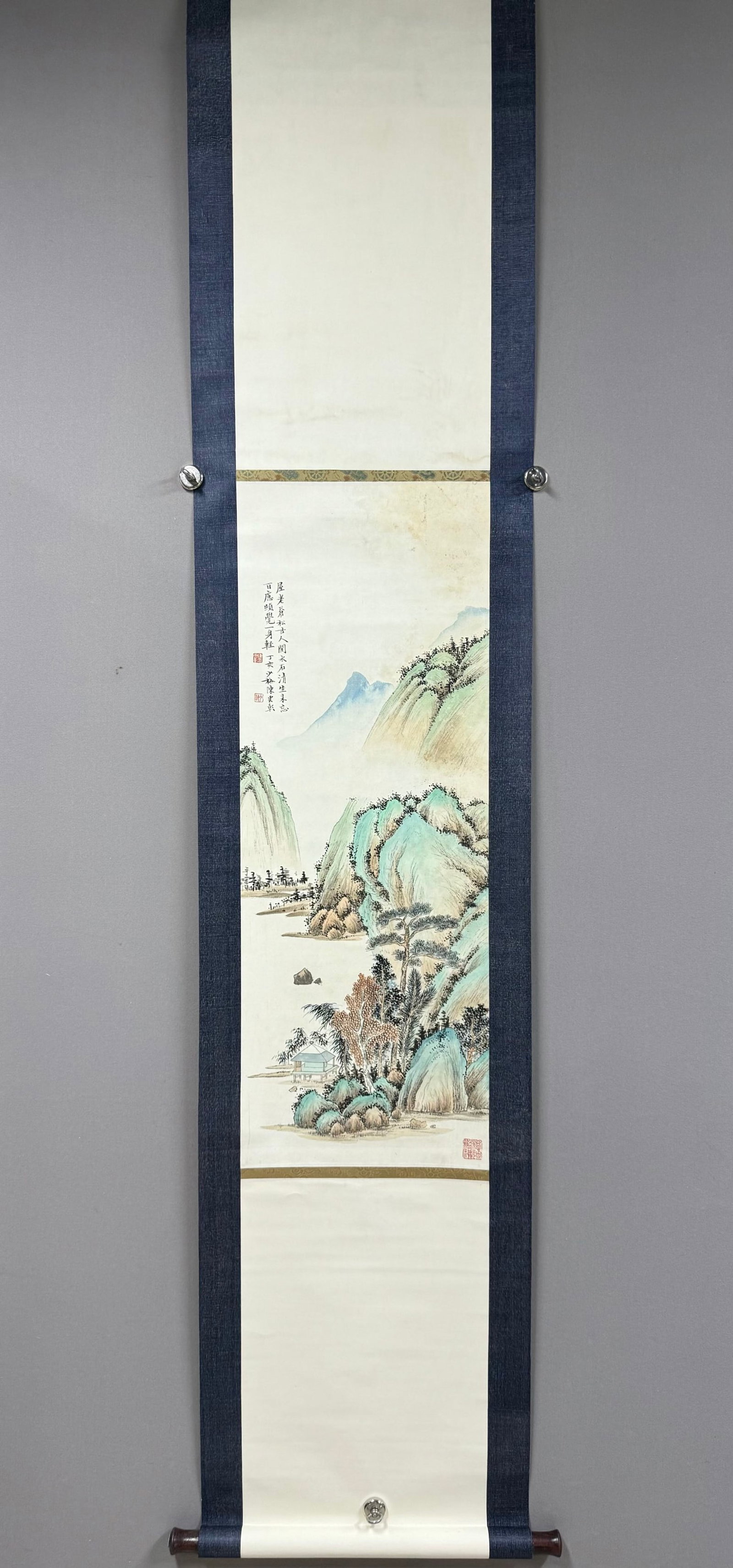 A Chinese Vertical Scroll Ink Painting of Landscape on Paper: A Chinese Vertical Scroll Ink Painting of Landscape on Paper,Chen Shaomei,Size:35.8inx13in 一幅中国水墨山水画立轴,陈少