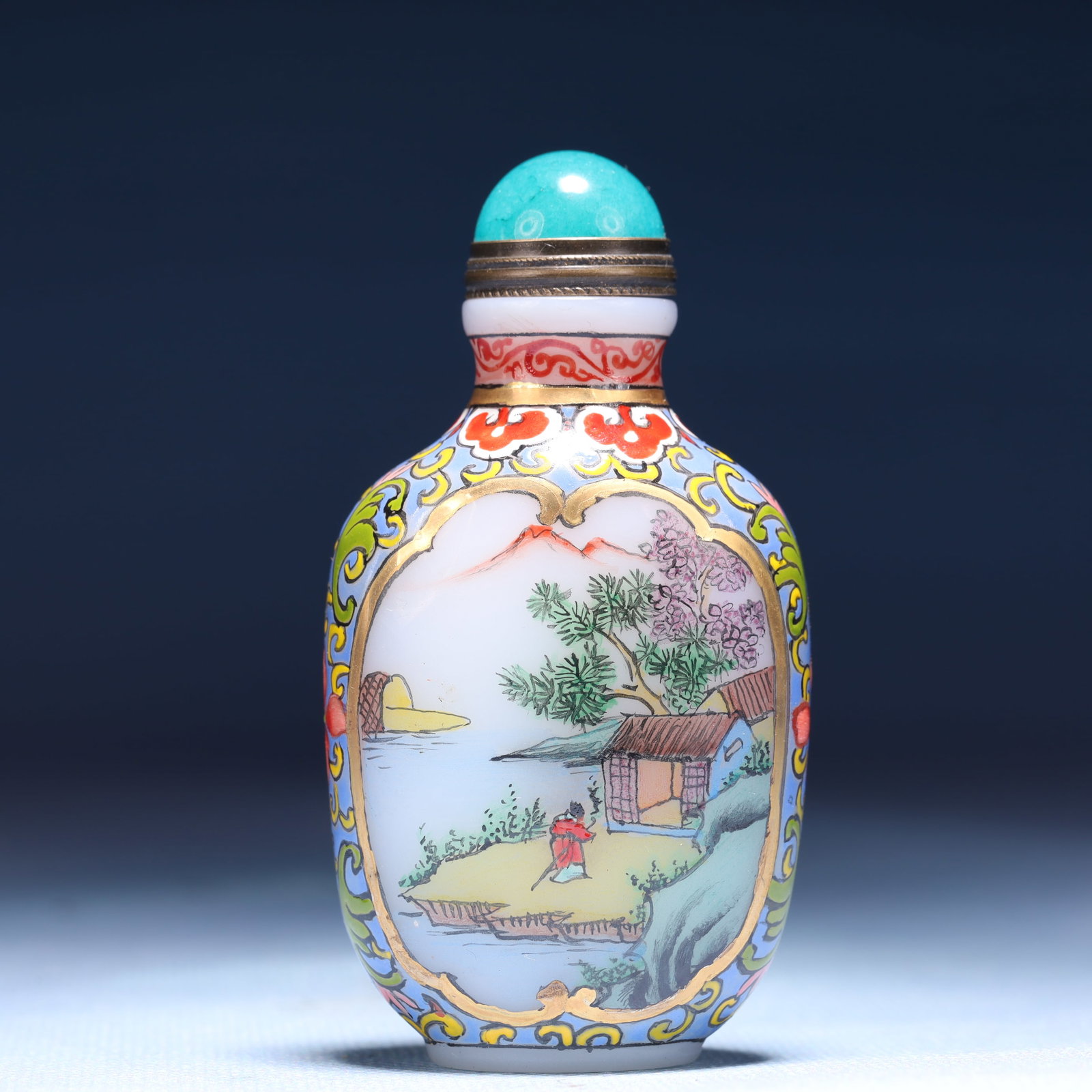 An Exquisite Glass Landscape and Figure Pattern Snuff Bottle: An Exquisite Glass Landscape and Figure Pattern Snuff Bottle,Qing Dynasty,China,Qianlong Four-character Mark,Size:1.6inx1.2inx3in,Weight:83g 琉璃山水人物纹