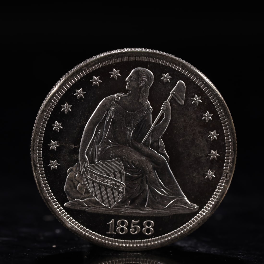USA One Dollar 1858 Coin: American coin. IN GOD WE TRUST / LIBERTY / 1858 / UNITED STATES OF AMERICA / ONE DOL. Weight:26.9g.