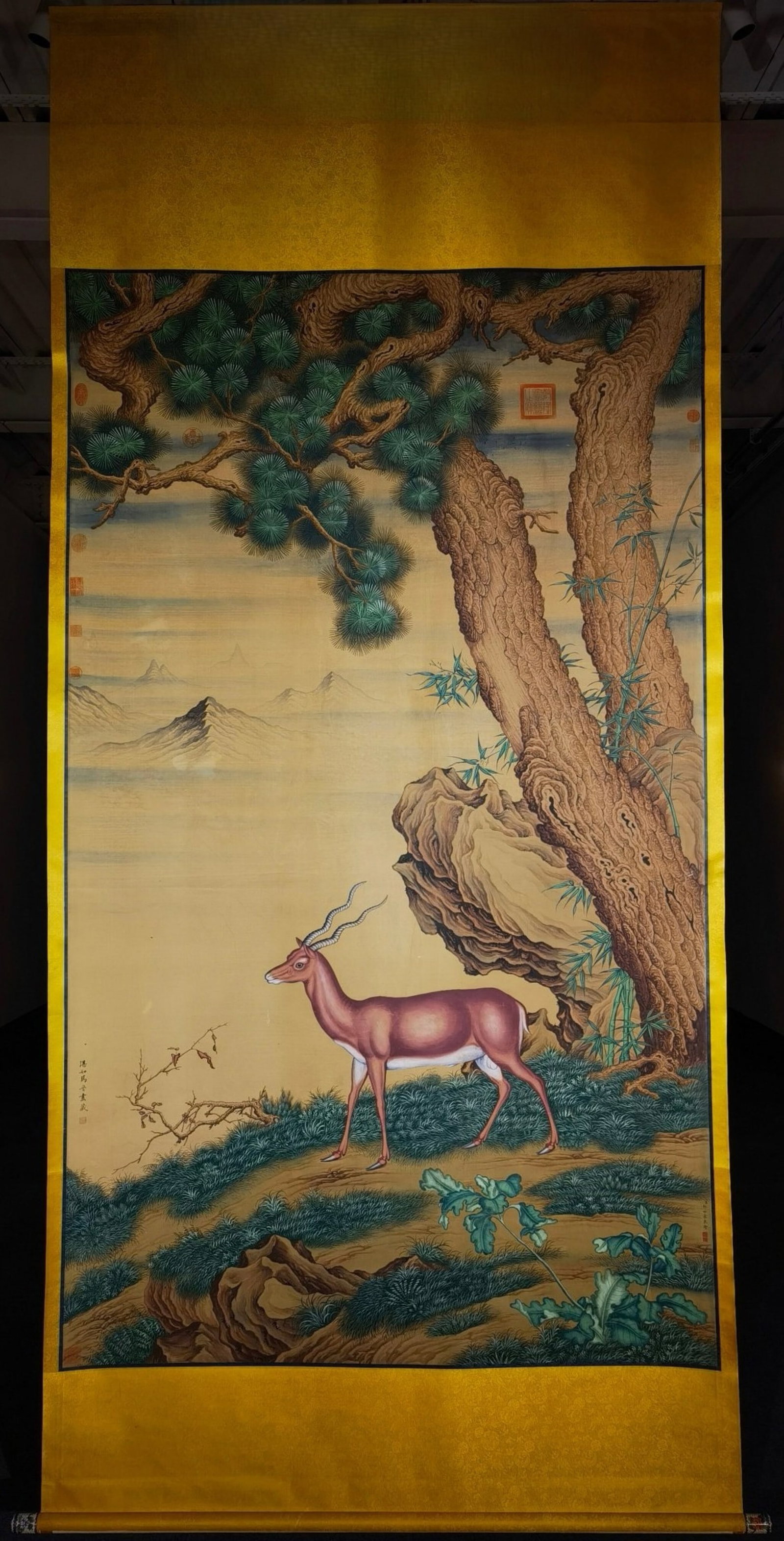 A Chinese Vertical Scroll Ink Painting of Sheep on Paper: A Chinese Vertical Scroll Ink Painting of Sheep on Paper,Lang Shining,Size:(overall length)131.5inx59.1in,(Without frame)94.5inx55.5in
