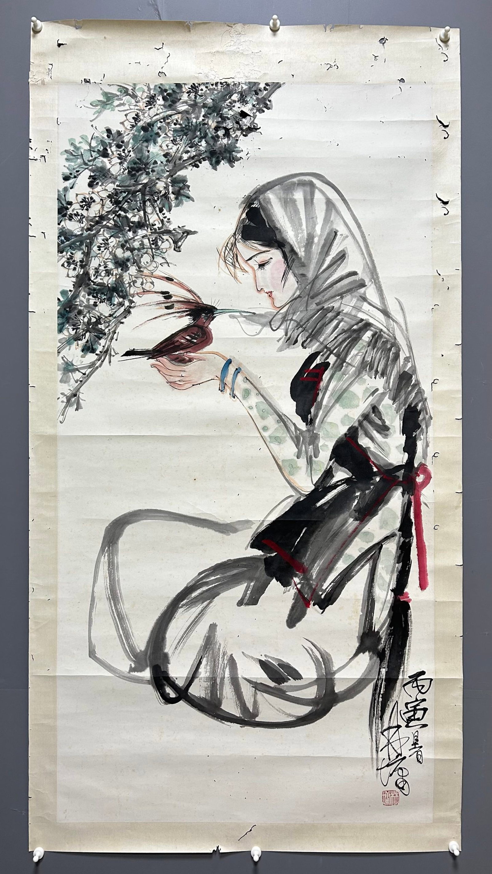 A Chinese Ink Painting of Figure on Paper: A Chinese Ink Painting of Figure on Paper,Lin Yong,Size:54.3inx27.2in 一幅中国水墨人物画,林墉
