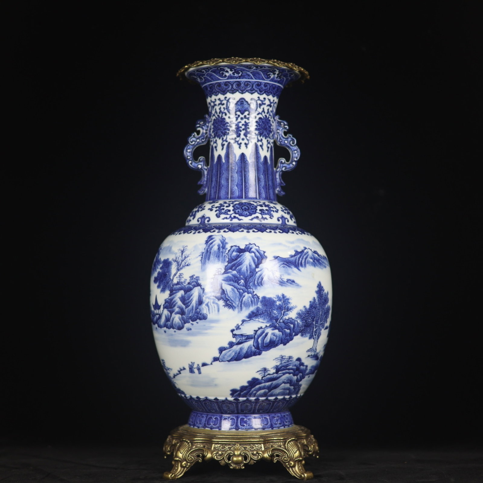 A Huge Blue and White Inlaid Bronze Landscape and Figure Pattern Double-Ears Vase: A Huge Blue and White Inlaid Bronze Landscape and Figure Pattern Double-Ears Vase,Qing Dynasty,China,Yongzheng Six-character Mark,Size:19.1inx6.5inx7.9inx7.3in