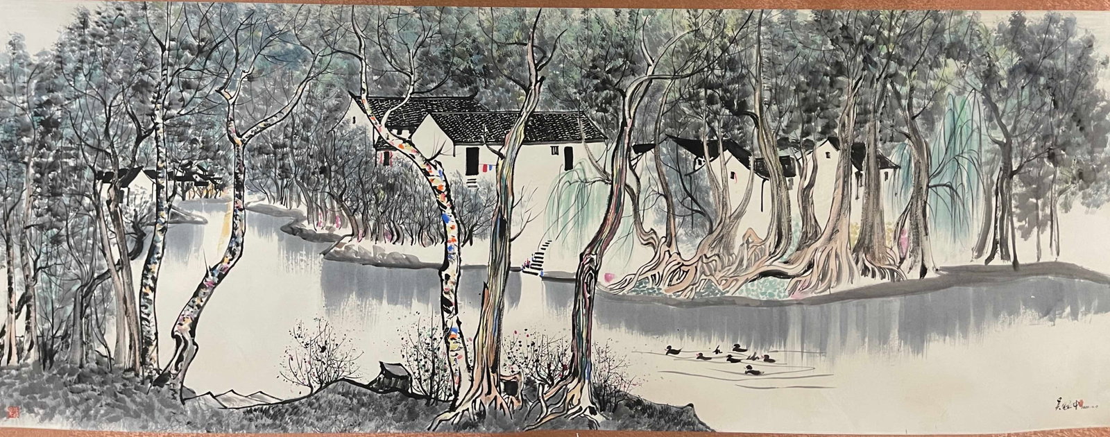 A Chinese Ink Painting of Landscape on Paper: A Chinese Ink Painting of Landscape on Paper,Wu Guanzhong,Size:55.1inx141.7in 一幅中国水墨山水画,吴冠中