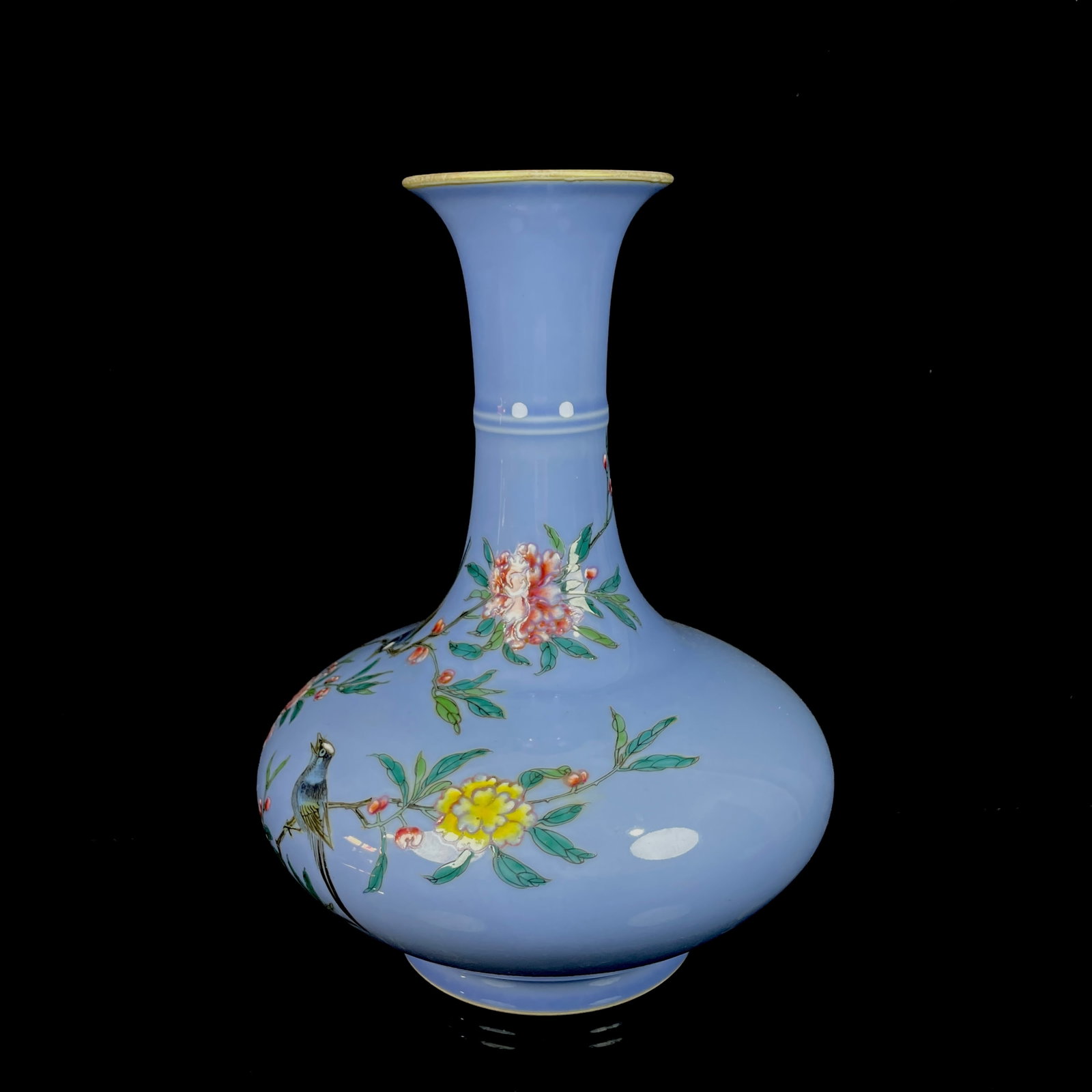An Exquisite Blue Ground Famille-Rose Flower and Bird Pattern Vase: An Exquisite Blue Ground Famille-Rose Flower and Bird Pattern Vase,Qing Dynasty,China,Qianlong Six-character Mark,Size:7.9inx8.7in