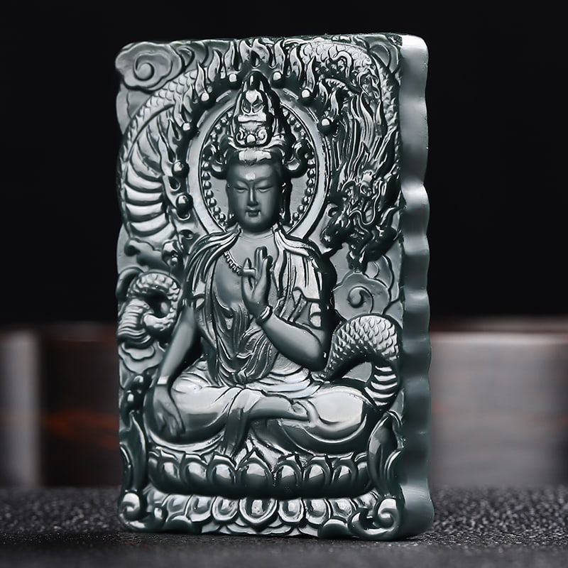 An Exquisite Cyan jade Statue of Avalokitesvara Pendant: An Exquisite Cyan jade Statue of Avalokitesvara Pendant,Size:2.4inx1.6inx0.3in 青玉观音像挂件