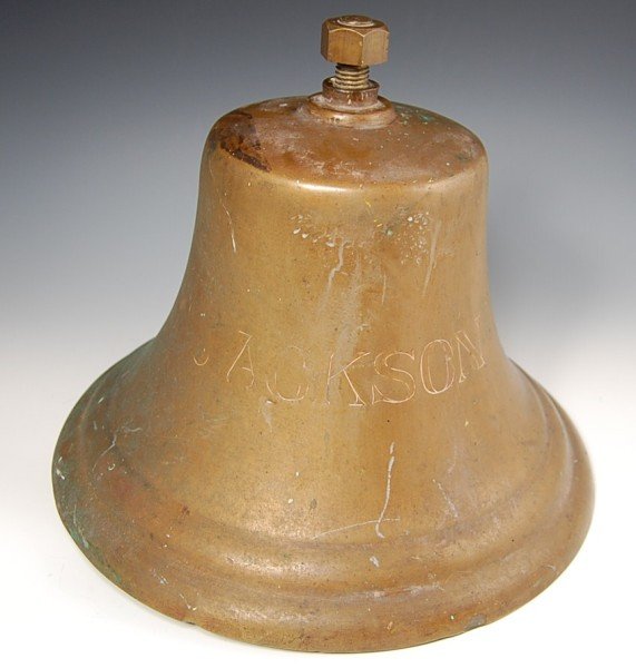 Ship's Bell Engr. SS Pres. Jackson, USS AP37: Ship's Bell engraved with the name SS President Jackson. ARTIST: Unknown WORK DATE: c. 1940 MATERIALS: Brass Bell Metal SIZE: 14" Diameter, Height 12.25" History of the ship follows: USS President Jac
