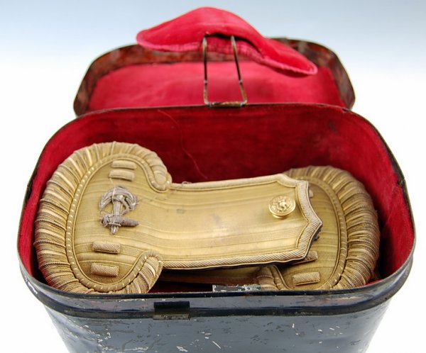 Brig Gen. Jacob Zeilin, USMC, Cased set of epaule: ARTIST: Josh Stanley WORK DATE: c. 1840 MATERIALS: Brass, silver, tole, paint, Velvet SIZE: 8.5 x 6 x5.75" tall This set of epaulets came with the 19th c. printed documentation of the Active Servic