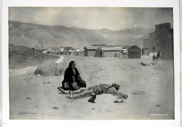 C. 1900Print, Remington Western Scene: Western scene by Remington in the original mahogany frame with original glass and new mat. Ink on Paper ***ARTIST: Frederic Remington, 1861-1909 ***Size 19.75 x 28.75" ***WORK DATE: 1899