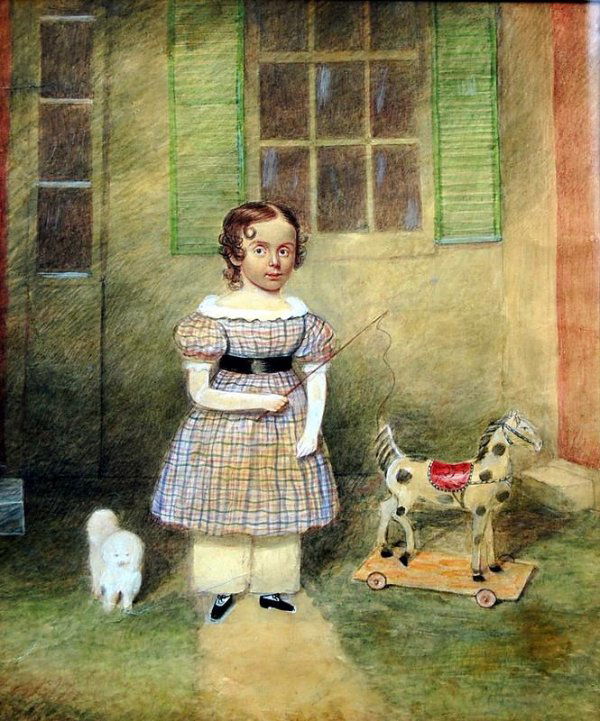 Sizeable W/C by Moses B. Russell, Amer./ 1840: Portait of a child in front of home with the pet dog and a horse pull toy. By Moses B.Russell, American 1809-84. One of Boston's leading miniaturists in the 1830's adn 40's.***Size 17.5" x 14.25" ***C