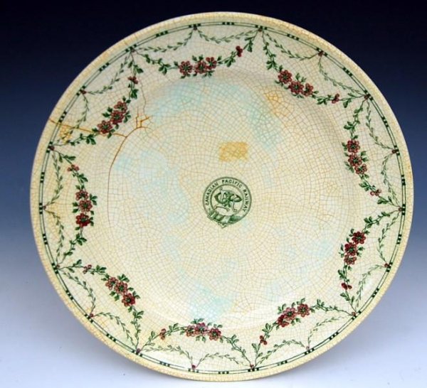 1st Cl. Plate, Empress Ire. #2: Diver recovered first calss plate form the wreck of the Empress of Ireland. Marked with the Canadian Pacific Line logo and reverse marked Mintons Fontenay. ***C irca 1906. ***ARTIST: Fontenay *** WORK