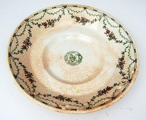 1st Cl.Saucer/Empress Ire.: Diver recovered first calss plate form the wreck of the Empress of Ireland. Marked with the Canadian Pacific Line logo and reverse marked Mintons Fontenay. ***C irca 1906. ***ARTIST: Fontenay *** WORK