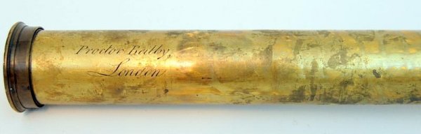 Spyglass, C. 1790: Spyglass by Prcotor & Beilby, this telescope/spyglass is marked on the brass barrel. Single draw opening to a length of 45.5" and sharp optics with eyepiece lens cover and removable dust cover of spun