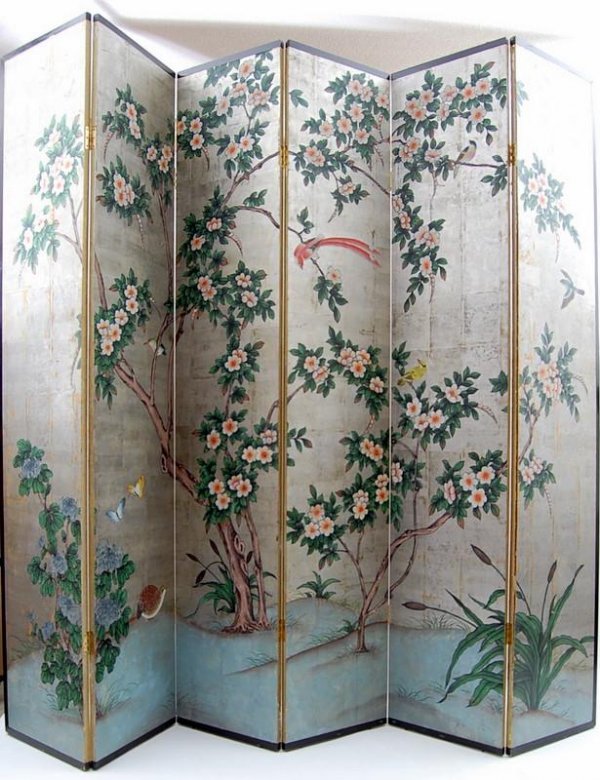 Folding Screen, Hand Painted C. 1950: Folding Screen in the Oriental taste constructed of luaun mahogany plywood with small squares of appliqued paper with overlapping joints. Allover hand painted and bordered in ebonized wood. ***Size 84