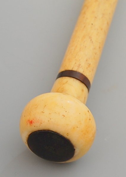 Whaler's Cane, 19th c.: 19th century cane with carved Turned Head of whale ivory ,whale bone shaft & steel tip. 29"L. x 1'W x .5'thick shaft.