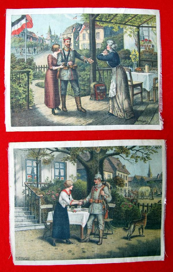 Prussian Solider Farewell & Homecoming: 2 Pieces: Prussian Solider Farewell & Homecoming - Printed on silk, signed by W. Ebbinghaus & dated 1914 Size: approx 8" H X 10" W, unframed Weight: Less than 1 oz.