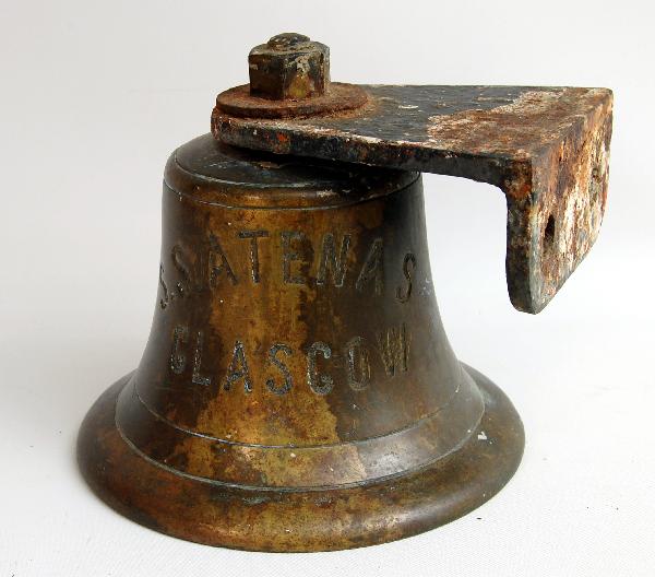 Ship's Bell SS 'Atenas': Ship's Bell SS 'Atenas' - of Glasgow ; Bronze with wall-mount bracket. Built by Clark & Co. Belfast. Bell dates to circa 1909. Launched 1909 under the UK flag, 1914 Atenas SS Co (US flag), 1922 UFC, 1