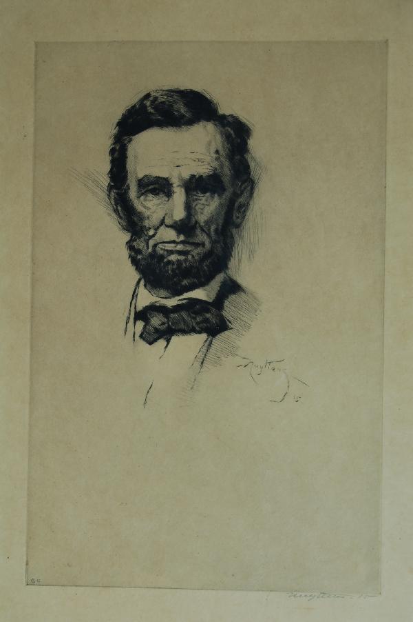 Etching Lincoln, W. Nutting, 1915: Etching of Abraham Lincoln by Wallace Nutting, dated 1915 (American 1861-1941). Nutting was a U. S. minister, photographer, artist & antiquarian who is most famous for his pictures. He was also an acc