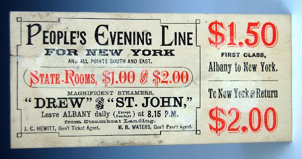 SS 'Drew', Hudson River, 1st Class Ticket: SS 'Drew', Hudson River, 1st Class Ticket - On one side a portrait of the sidewheeler 'Drew' and on the other 'The People's Evening Line for New York'; red & black ink printed on white paper. Conditio