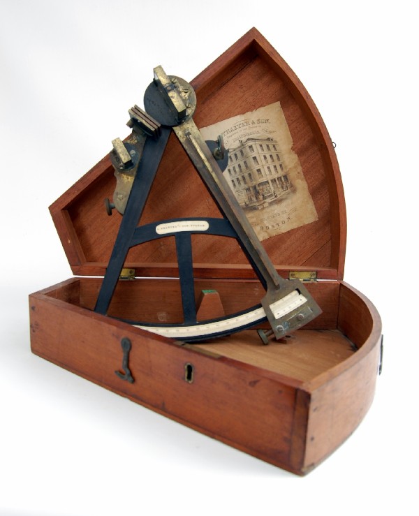 Octant, Cased 19 C., Thaxter & Son, Boston: Octant, Cased 19 C., Samuel Thayer & Sons, Original wooden case and store label from 125 State St., Boston, 'Importers of and Dealers in Nautical & Surveying Instruments.' Lens, mirrors, glass all int