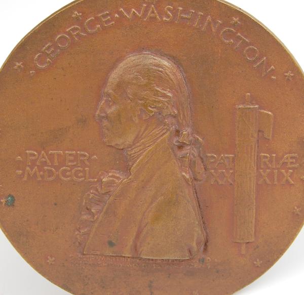 Bronze Medal, G. Washington, '89 by St-Gaudens: Bronze Relief Medal, George Washington, Commemorates the Inauguration of Washington, 1889. By Augustus St-Gaudens Size: 4.5" Diameter Weight: 11 oz.