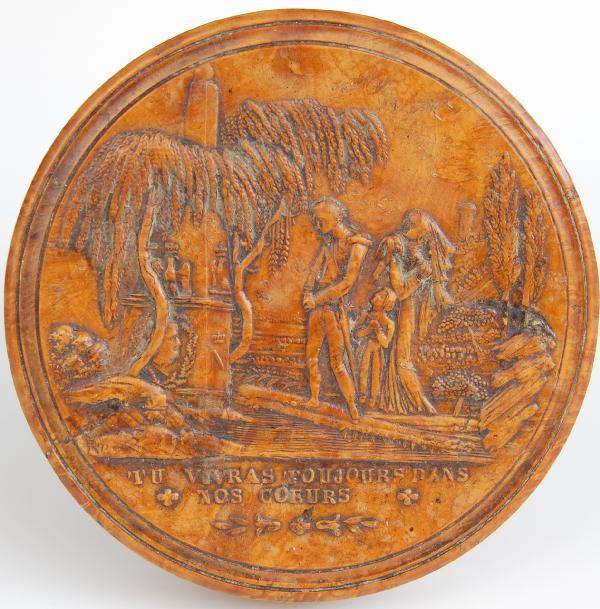 Snuffbox, Napolean's Tomb Obelisk: Snuffbox, Napolean's Tomb Obelisk - 'Tu Vivras Toujours Dans Nos Coeurs' ; made of pearwood & tortoise lined; Depicts man in military garb with woman and child mourning at the tomb of the great empero