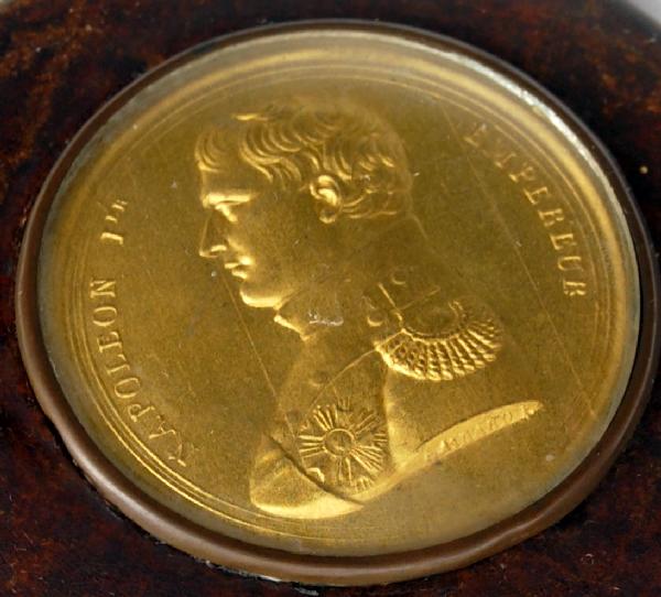 Snuff Box, Napolean I ER Empereur: Snuff Box, Papier Mache Faux Tortoise - Napolean I ER Empereur. Gilded brass under glass portrait. C. 1825 Size: 3.5" D X 1" Depth Weight: 2 oz.