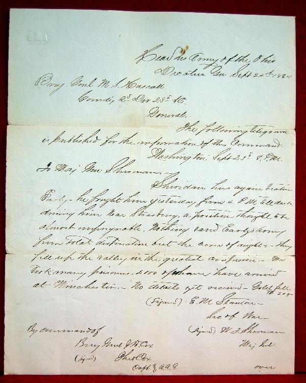 Letter W. T. Sherman-Battle Strasburg: Letter W. T. Sherman-Battle Strasburg - Letter signed by W. T. Sherman, September 24, 1864 from Decatur, Georgia to Brig. Gen'l M. S. Hascall: 'Sheridan has again beaten Early . . .' (see images, fron