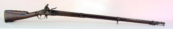 Musket, Miles CP: Musket, Miles CP, Flintlock - Barrel marked with a 'P' over a cap or an arrowhead; walnut stock, iron mounts & lock Condition: VG overall, old repair to stock; crisp action. Provenance: Gerald C. Stow